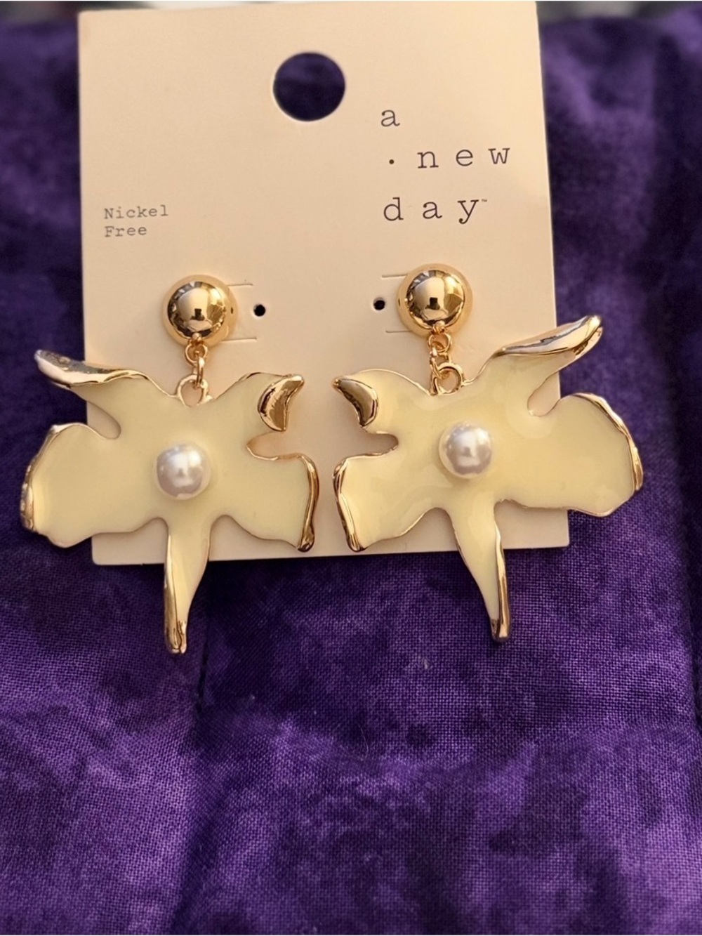 AND Cream Enamel Floral Drop Earrings with Gold Accents and Pearl